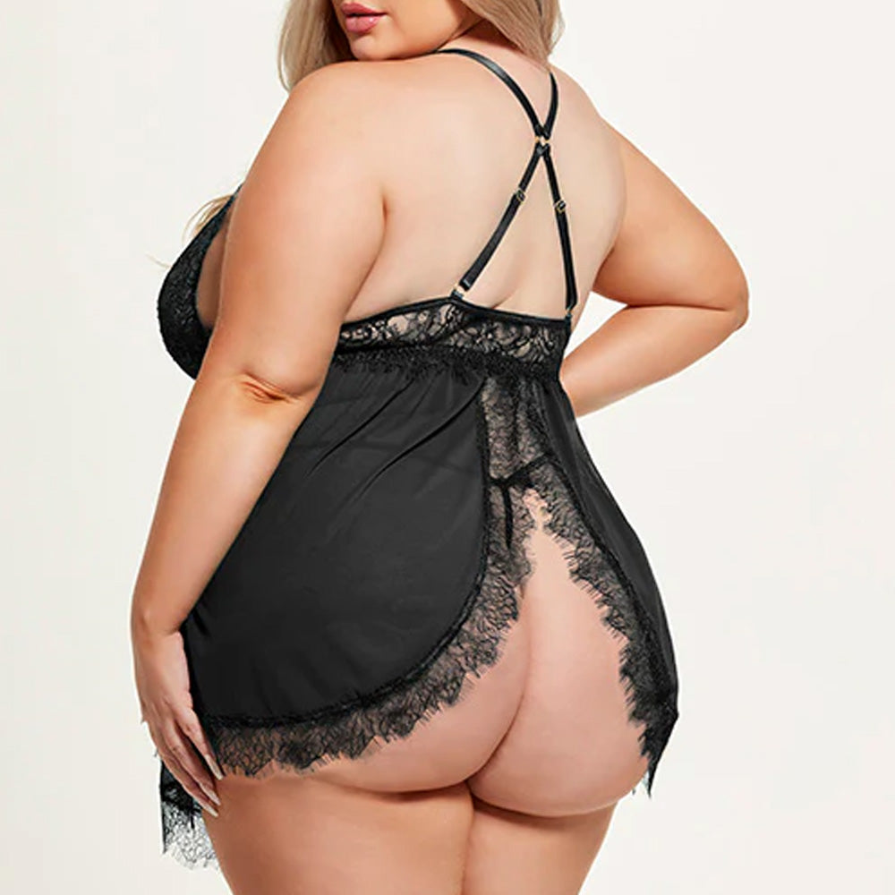 House of Desire Mila Open-Back Eyelash Lace Babydoll & Thong - Curvy