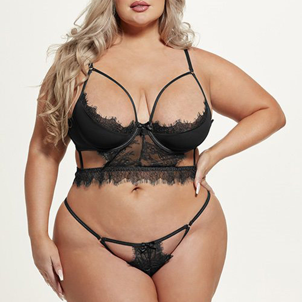 House of Desire Mila Cutout Lace & Mesh Longline Bra & Panty - Curvy
