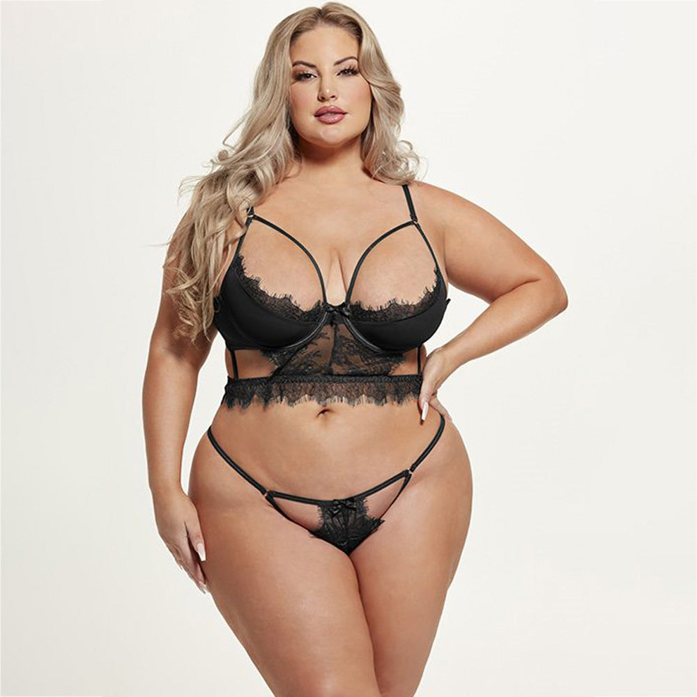 House of Desire Mila Cutout Lace & Mesh Longline Bra & Panty - Curvy